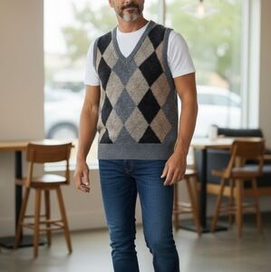 Mirell Argyle  100% Shetland Wool Sleeveless Vest Gray/Blue Size Large